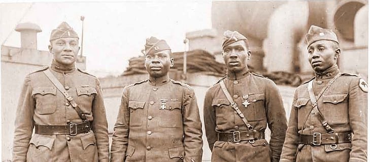 World War 1: US Army's segregated 366th Infantry Officers: Abbott, Lowe, Fisher, White. National Archives